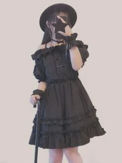 Sweet Lolita OP Dress Layered Ruffle Chiffon Black Lolita One Piece Dress -AYA Cosplay Shop 201807121614218503012