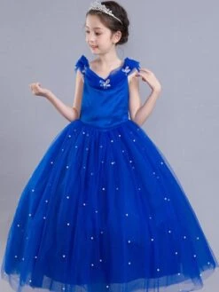 Little Girls Royal Blue Flower Girl Dress Princess Beaded Kids Pageant Party Dress