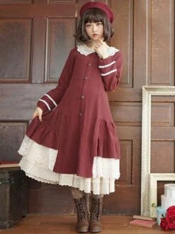 Classic Lolita OP Dress Lac Ruffle Button Two Tone Cotton Red Lolita One Piece Dress