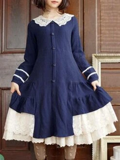 Classic Lolita OP Dress Lac Ruffle Button Two Tone Cotton Red Lolita One Piece Dress -AYA Cosplay Shop 201811261555168832021