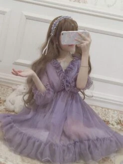 Classic Lolita OP Dress Ruffle Chiffon Lilac Lolita One Piece Dress -AYA Cosplay Shop 201902141022000344235