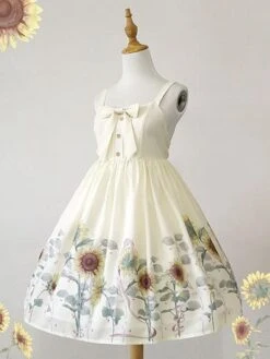 Classic Lolita JSK Dress Sunflower Print Bow White Lolita Jumper Skirt -AYA Cosplay Shop 20190226153136096383