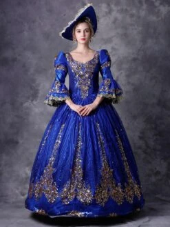Victorian Dress Costume Prom Dress Royal Blue Half Sleeves Baroque Masquerade Ball Gowns With Hat Royal Victorian Era Clothing Retro Costume Halloween