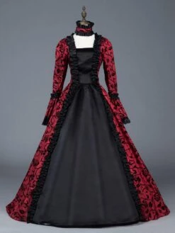 Victorian Dress Costume Women's Red Bow Floral Print Square Neckline Long Sleeves Matte Satin Dress Victorian Era Style Ball Gown Halloween