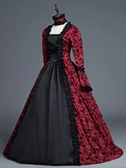 Victorian Dress Costume Women's Red Bow Floral Print Square Neckline Long Sleeves Matte Satin Dress Victorian Era Style Ball Gown Halloween -AYA Cosplay Shop 201906121616130803170