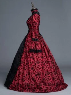 Victorian Dress Costume Women's Red Bow Floral Print Square Neckline Long Sleeves Matte Satin Dress Victorian Era Style Ball Gown Halloween -AYA Cosplay Shop 20190612161613390416