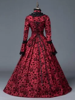 Victorian Dress Costume Women's Red Bow Floral Print Square Neckline Long Sleeves Matte Satin Dress Victorian Era Style Ball Gown Halloween -AYA Cosplay Shop 201906121616137007746