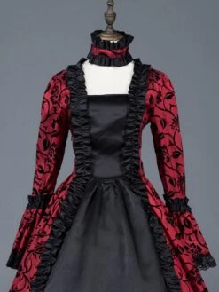 Victorian Dress Costume Women's Red Bow Floral Print Square Neckline Long Sleeves Matte Satin Dress Victorian Era Style Ball Gown Halloween -AYA Cosplay Shop 201906121616139918988