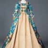 Victorian Dress Costume Prom Dress Teal Floral Print Bow Ruffle Matte Satin Set Marie Antoinette Rococo Half Sleeves Vintage Dress