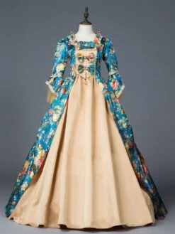 Victorian Dress Costume Prom Dress Teal Floral Print Bow Ruffle Matte Satin Set Marie Antoinette Rococo Half Sleeves Vintage Dress