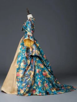 Victorian Dress Costume Prom Dress Teal Floral Print Bow Ruffle Matte Satin Set Marie Antoinette Rococo Half Sleeves Vintage Dress -AYA Cosplay Shop 201906121616164175571