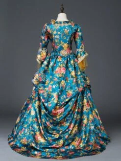 Victorian Dress Costume Prom Dress Teal Floral Print Bow Ruffle Matte Satin Set Marie Antoinette Rococo Half Sleeves Vintage Dress -AYA Cosplay Shop 201906121616167624501