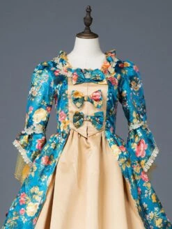 Victorian Dress Costume Prom Dress Teal Floral Print Bow Ruffle Matte Satin Set Marie Antoinette Rococo Half Sleeves Vintage Dress -AYA Cosplay Shop 201906121616170959941