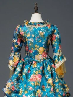 Victorian Dress Costume Prom Dress Teal Floral Print Bow Ruffle Matte Satin Set Marie Antoinette Rococo Half Sleeves Vintage Dress -AYA Cosplay Shop 201906121616174553464