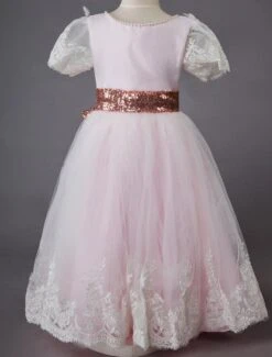 Wedding Flower Girl Dress Short Pink Sleeve Lace Kids Social Party Dress
