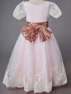 Wedding Flower Girl Dress Short Pink Sleeve Lace Kids Social Party Dress -AYA Cosplay Shop 201906191623393732307