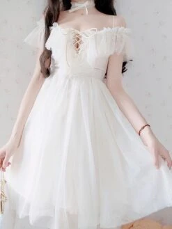 Sweet Lolita OP Dress White Ruffles Lace Up Lolita One Piece Dresses -AYA Cosplay Shop 201907191503111524966