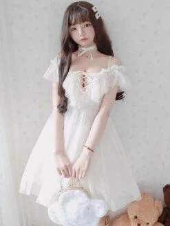 Sweet Lolita OP Dress White Ruffles Lace Up Lolita One Piece Dresses -AYA Cosplay Shop 201907191503120801444