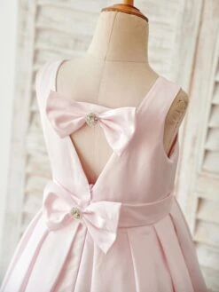 Pink Satin V Back Wedding Flower Girl Dress With Bows -AYA Cosplay Shop 201909251727250752964