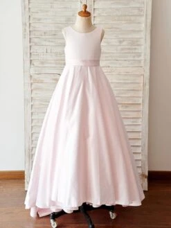 Pink Satin V Back Wedding Flower Girl Dress With Bows -AYA Cosplay Shop 201909251727260666021