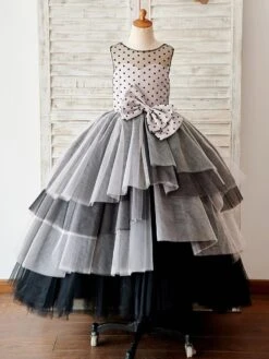 Black Polka Dots Tulle Corset Back Ball Gown Cupcake Wedding Flower Girl Dress