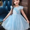 Blue Teenage Girls Dress Summer Children Party Elegant Princess Long Tulle Baby Girls Kids Lace Wedding Ceremony Dresses