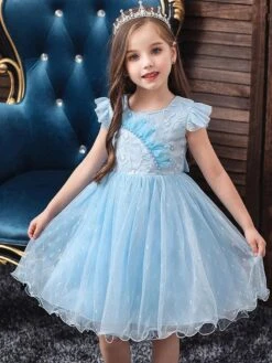 Blue Teenage Girls Dress Summer Children Party Elegant Princess Long Tulle Baby Girls Kids Lace Wedding Ceremony Dresses