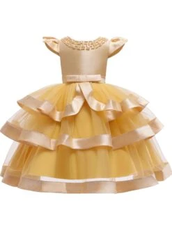 Kids Dress Princess Tulle Jewel Neck Knee Length Short Sleeves Formal Kids Pageant Flower Girl Dress -AYA Cosplay Shop 201910221534046804547