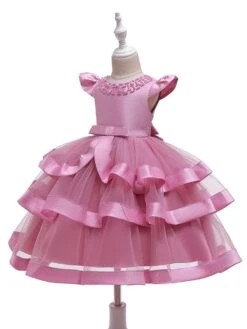 Kids Dress Princess Tulle Jewel Neck Knee Length Short Sleeves Formal Kids Pageant Flower Girl Dress -AYA Cosplay Shop 201910221534057015105