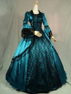Victorian Dress Costume Prom Dress Long Sleeves Teal Ruffles Silk Long Sleeves Lace Dress Victorian Era Style Masquerade Ball Gown Retro Dress -AYA Cosplay Shop 201910311645496979826
