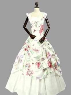 Apricot Retro Costumes Women Floral Print Marie Antoinette Costume Sateen Dress Vintage 18th Century Costume