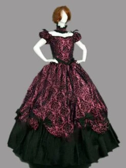 Victorian Dress Costme Prom Dress Burgundy Short Sleeves With Choker Ball Gown Jacquard Bow Ruffle Marie Antoinette Victorian Era Clothing Costumes Halloween