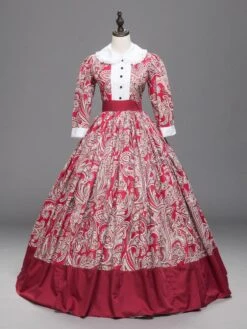 Victorian Dress Costumes Red Floral Print Lace Trim Half Sleeves Marie Antoinette Costume Dress Vintage Party Prom Dress