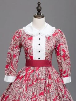 Victorian Dress Costumes Red Floral Print Lace Trim Half Sleeves Marie Antoinette Costume Dress Vintage Party Prom Dress -AYA Cosplay Shop 201912061304237866848