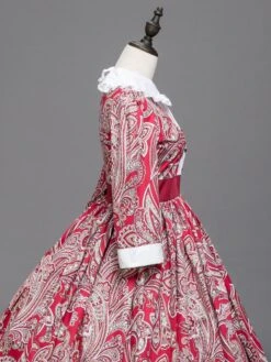 Victorian Dress Costumes Red Floral Print Lace Trim Half Sleeves Marie Antoinette Costume Dress Vintage Party Prom Dress -AYA Cosplay Shop 201912061304244533678