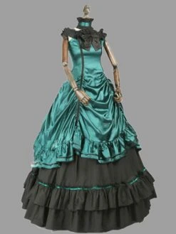 Victorian Dress Costumes Prom Dress Green Ruffle Bow Costume Sleevesless Ball Gown Victorian Era Clothing Vinatge Costumes Halloween -AYA Cosplay Shop 201912101745350838655