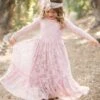 Flower Girl Wedding Dress Lace Pink Round Neck Long Sleeve Ankle Length Kids Party Dresses