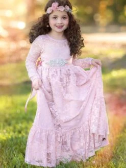 Flower Girl Wedding Dress Lace Pink Round Neck Long Sleeve Ankle Length Kids Party Dresses -AYA Cosplay Shop 202003131603344118333