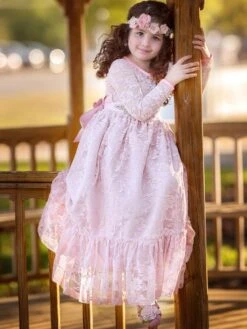 Flower Girl Wedding Dress Lace Pink Round Neck Long Sleeve Ankle Length Kids Party Dresses -AYA Cosplay Shop 202003131603347461767