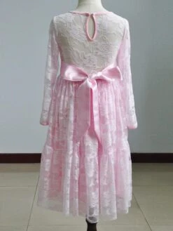 Flower Girl Wedding Dress Lace Pink Round Neck Long Sleeve Ankle Length Kids Party Dresses -AYA Cosplay Shop 20200313160335485328