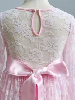 Flower Girl Wedding Dress Lace Pink Round Neck Long Sleeve Ankle Length Kids Party Dresses -AYA Cosplay Shop 202003131603358039146