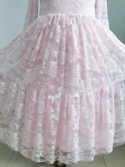 Flower Girl Wedding Dress Lace Pink Round Neck Long Sleeve Ankle Length Kids Party Dresses -AYA Cosplay Shop 202003131603365513709