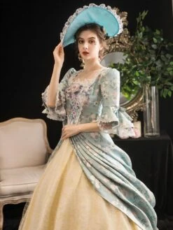 Victorian Dress Costumes Rococo Prom Dress Floral Print Trumpet Short Sleeves Square Neckline Marie Antoinette Costume Masquerade Ball Gown Dress -AYA Cosplay Shop 202003171626277895737