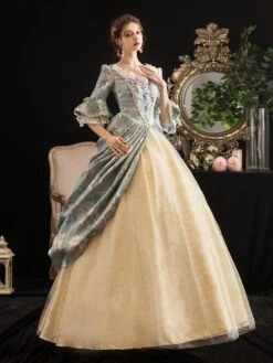 Victorian Dress Costumes Rococo Prom Dress Floral Print Trumpet Short Sleeves Square Neckline Marie Antoinette Costume Masquerade Ball Gown Dress -AYA Cosplay Shop 202003171626285884606