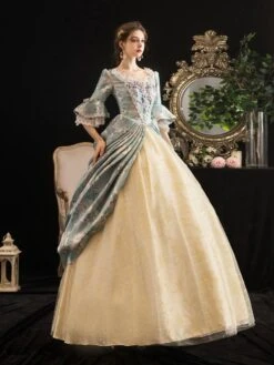 Victorian Dress Costumes Rococo Prom Dress Floral Print Trumpet Short Sleeves Square Neckline Marie Antoinette Costume Masquerade Ball Gown Dress -AYA Cosplay Shop 202003171626289557