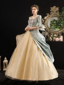 Victorian Dress Costumes Rococo Prom Dress Floral Print Trumpet Short Sleeves Square Neckline Marie Antoinette Costume Masquerade Ball Gown Dress -AYA Cosplay Shop 202003171626293101060