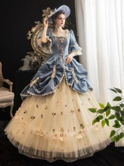 Rococo Victorian Dress Prom Dress Costumes Floral Print Trumpet Short Sleeves Square Neckline Champagne Marie Antoinette Costume Masquerade Ball Gown Dress -AYA Cosplay Shop 202003171626303833541