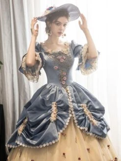Rococo Victorian Dress Prom Dress Costumes Floral Print Trumpet Short Sleeves Square Neckline Champagne Marie Antoinette Costume Masquerade Ball Gown Dress -AYA Cosplay Shop 202003171626307325781