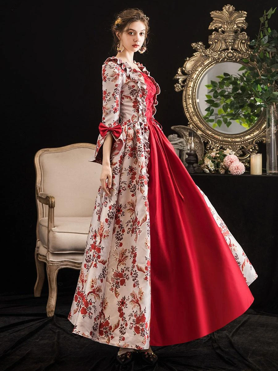 Victorian Dress Costumes Prom Dress Red Retro Costumes Ruffle Bow Floral Print Dress Marie Antoinette Victorian Era Clothing Masquerade Ball Gown 7 Victorian Dress Costumes Prom Dress Red Retro Costumes Ruffle Bow Floral Print Dress Marie Antoinette Victorian Era Clothing Masquerade Ball Gown - Image 5