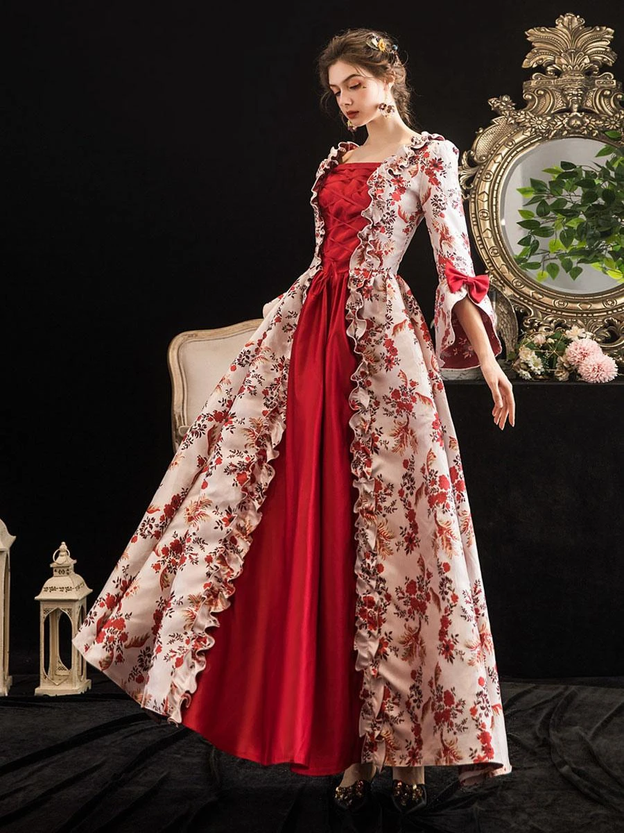 Victorian Dress Costumes Prom Dress Red Retro Costumes Ruffle Bow Floral Print Dress Marie Antoinette Victorian Era Clothing Masquerade Ball Gown 5 Victorian Dress Costumes Prom Dress Red Retro Costumes Ruffle Bow Floral Print Dress Marie Antoinette Victorian Era Clothing Masquerade Ball Gown - Image 3